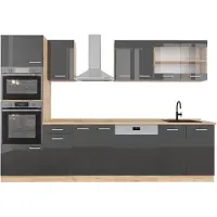 Vicco Complete keukeneenheid R-Line Antraciet hoogglans/goud eiken 300 cm met hoge kast, WB Eik, Model 43007