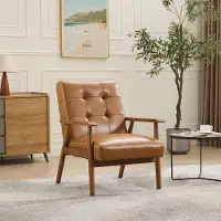 OKWISH Fauteuil - 150 Kg Draagkracht - Ademend Runderleer Met Pull Point Stiksels - Voor Woonkamer Slaapkamer Of Thuiswerkplek - Hout - Lichtbruin