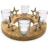 WDMT Teakhouten Waxinelichthouder Ster Ø 30 cm – Houten Theelichthouder met 4 Glazen Waxinehouders – Landelijke Tafeldecoratie en Kerstdecoratie – Bruin