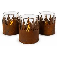 WDMT Waxinelichthouders Kroon – Set van 3 – Metalen Theelichthouders met Glas – Ø 7 x 9 cm – Roestbruine Kaarsenhouders voor Kerst, Herfst en Landelijke Woondecoratie