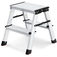 Songmics Aluminium ladder met 3 treden, zilvergrijs-inktzwart / 2 treden