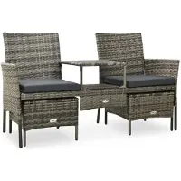 Natur24 Tuinbank met tafeltje en krukken tweezits poly rattan grijs