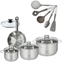Fackelmann 9218150 Set Roestvrijstalen Koekenpan 20 cm Etherna & Roestvrijstalen Kookpannen 16/20/24 cm Zonder PFAS met 5 Keukengerei