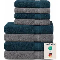Komfortec Handdoekenset – Set van 8 - 4x Handdoek 50x100 cm en 4x Badhanddoek 70x140 cm - 100% Katoen - Antraciet&Petroleumblauw
