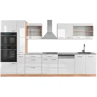 Vicco Complete keukeneenheid R-Line Wit hoogglans/goud power eiken 350 cm met hoge kast, WB Marmer, Model 49466