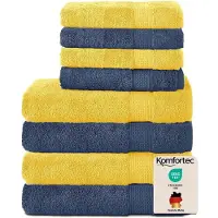 Komfortec Handdoekenset – Set van 8 - 4x Handdoek 50x100 cm en 4x Badhanddoek 70x140 cm - 100% Katoen - Marineblauw&Geel