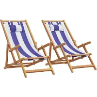 vidaXL Opklapbare stoelen, 2 stuks, blauw-witte stof en massief hout.