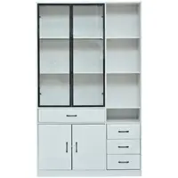 OKWISH : Opbergkast met glazen deuren en LED-verlichting, vitrinekast met vier lades en open planken, hoge kast met veel opbergruimte, wit