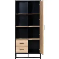 OKWISH Highboardkast – Moderne Houtlook Met Zwart Frame – 80×40×180 Cm – 1 Deur 2 Lades 3 Open Vakken – Voor Woonkamer Kantoor Hal