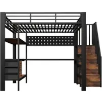 OKWISH Hoogslaper 140x200 cm - Met Bureau, Ledverlichting En Stopcontact - Met Opbergruimte En Lades - Zonder Matras - Zwart