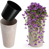 Kadax Bloempot met houtspaanders, elegante bloempot met uitneembare inzet, bloempotbescherming voor kantoor, bloembak, pot, tuinschaal (diameter 25 cm, crème)
