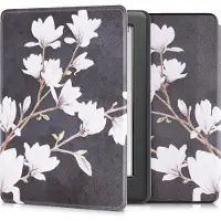 Kwmobile e-reader hoesje geschikt voor Kobo Glo HD / Touch 2.0 hoes - E reader flip case met magnetische sluiting - Ereader cover - Magnolia design in taupe / wit / donkergrijs