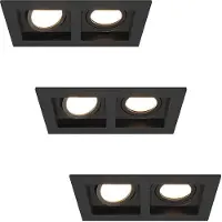 HOFTRONIC™ Set van 3 Fresno Dubbele Inbouwspot - Rechthoek - 2x GU10 - 4000K neutraal wit - 10 Watt 800 lumen - Kantelbaar - IP20 stofdicht- Zwart - Met kabelco