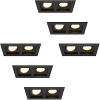 HOFTRONIC™ Set van 6 Fresno Dubbele Inbouwspots - Rechthoek - 2x GU10 - 2700K Warm wit - 10 Watt 800 lumen - Kantelbaar - IP20 stofdicht- Zwart - Met kabelconne