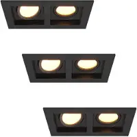 HOFTRONIC™ Set van 3 Fresno Dubbele Inbouwspots - Rechthoek - 2x GU10 - 2700K Warm wit - 10 Watt 800 lumen - Kantelbaar - IP20 stofdicht- Zwart - Met kabelconne