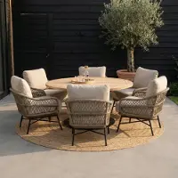 LUX outdoor living Ventura low dining tuinset | 6 personen | teakhout + touw | 150cm ronde tuintafel