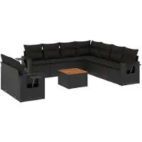 vidaXL 10-delige Loungeset met kussens poly rattan zwart
