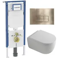 Geberit QeramiQ Dely Swirl Toiletset - 36.3x51.7cm - UP720 Duofix Sigma inbouwreservoir - 35mm zitting - geborsteld messing bedieningsplaat - rechthoekige knoppen - glans wit