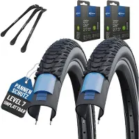Schwalbe 2 x Schwalbe fietsbanden Marathon E-Plus Zwart Reflex 28 x 2,00 inch buitenband (50-622)” + AV Auto ventiel binnenbanden + 3x bandenlichters
