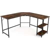 Costway L-vormig Bureau, bureau voor thuiskantoor met 2 planken, computerbureau met metalen frame & voetsteun, hoekbureau voor kantoor, slaapkamer en studeerkamer (bruin)