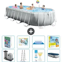 Intex Ovaal Prism Frame Zwembad - 610 x 305 x 122 cm - Grijs - Inclusief Pomp - Ladder - Grondzeil - Afdekzeil - Loungebed - Onderhoudspakket - 9-delig