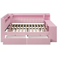 OKWISH Daybed 140x200 cm - Met USB En LED Verlichting - Met Bureau En 2 Lades - Zonder Matras - Gestoffeerd - Roze