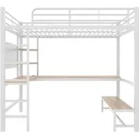 OKWISH Halfhoogslaper 90x200cm - Met USB‑C & LED‑licht - Met Bureau en Opbergrekken - Voor Jongeren - Metaal & MDF - Wit - Zonder matras