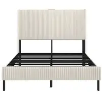OKWISH Gestoffeerd Bed 140x200cm - Eenpersoonsbed Met Stoffenkop En Geluidsvrij Frame - Koord - Beige