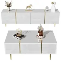 OKWISH Tv Meubel En Salontafel Set - Hoogglans Met Gouden Accenten - Woonkamer - MDF Wit - 170x35x46 En 100x60x41,5 Cm