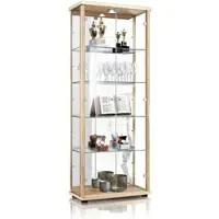 K-Möbel Vitrinekast met glas staand met 2 deuren, 4 in hoogte verstelbare glasplanken, spiegel & slot - Vitrinekast met led verlichting - 176x67x33 cm - Beukenhoutkleur