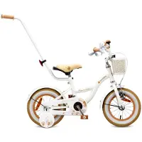 Sun baby Flower Bike Fiets voor een meisje van 2 tot 4 jaar, 12 inch Wit Beige, met fietsbel, zijwieltjes, duwstang en stuurmandje