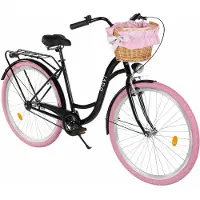 DaviBikes Lila – Stadsfiets – 28 inch – 1 versnelling – Terugtraprem/V-brake – Lage instap – 160-185 cm – Zwart/Roze