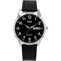 Q&Q C32A-008PY-Horloge-Duidelijke wijzerplaat-Dag/Datum aanduiding-Lederen band-42MM