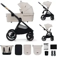 Kinderkraft NEA 2 2-in-1 kinderwagen tot 27 kg omkeerbaar opvouwbaar all-terrain met wieg schokdempers XL wielen beige.