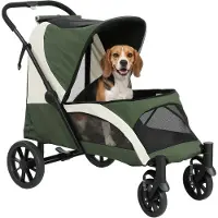 PawHut Hundewagen Hundebuggy klappbar für große Hunde & Katzen bis 30 kg Katzenbuggy mit Kissen Netzfenstern Türen Aufbewahrungstasche Katzenwagen mit Sicherheitsleinen, Bremsen, Buggy Dunkelgrün