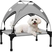 PawHut Erhöhtes Hundebett mit Baldachin, Haustierbett, Outdoor Hundeliege mit Dach, Atmungsaktiv, für Mini- und Kleinhunde Hellgrau Oxford 61 x 46 x 63 cm