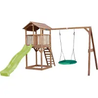 Axi Beach Tower Speeltoestel van hout in Bruin | Speeltoren met zandbak, nestschommel en lichtgroene Glijbaan | Speelhuis op palen voor de tuin