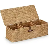 Relaxdays opbergmand met deksel - 3 vakken - gevlochten zeegras mand - klein opbergkistje