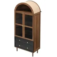 OKWISH Dressoir – Retro Gewelfde Sideboard – 70x38x165 cm – Verstelbare Planken 3-vaks – Geribbeld Glas Deur – Walnoot MDF;Glas – Gouden Ringgrepen