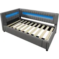 MODFU Bedframe 90x200 cm – linnen en MDF – met hydraulische opbergruimte en LED-licht – grijs – modern design