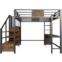 MODFU - Hoogslaper Met Bureau En Opbergvakken - Kledingstang En Ledverlichting - Modern - Metaal - Zwart - 140 X 200 Cm