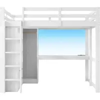 MODFU - Hoogslaper - Met Ingebouwd Bureau En 2 Lades - Met Planken, LED-Verlichting En USB - Hout En MDF - Wit - 140 x 200 cm