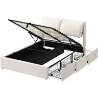 OKWISH Gestoffeerd Bed 140x200 cm - Hydraulisch Met Gaslift - 3 Laden En Bedkist - Met Verstelbaar Hoofdeinde En Lattenrost - Fluweel - Beige - Zonder matras