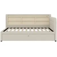 OKWISH Dagbed 90x200cm - Uittrekbaar Tot 180x200cm - Met USB En Type-C Oplaadpoorten - Met Opbergruimte - Linnen - Beige - Zonder matras