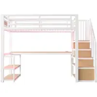 OKWISH Metalen Hoogslaper 90x200 Cm – Met Ledverlichting En Stopcontact – Met Opbergladder, Bureau En Planken – Zonder Matras – Modern – Wit