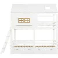 OKWISH Stapelbed 90x200cm – Kinderbed Met Dak En Raam – Met Ladder En Twee Lades – Met Opbergruimte – Zonder Matras – Hout En MDF – Wit Naturel