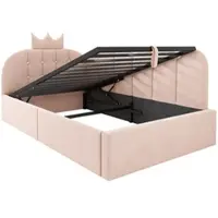 OKWISH Daybed 90x200 cm - Met Hydraulische Opbergruimte - L-Vormig Logeerbed - Zonder Matras - Fluweel - Roze