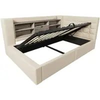 STILVORA Gestoffeerd bed 90x200 cm – Eenpersoonsbed Met LED en Oplaadpoorten – Hydraulische Opbergruimte – Linnen – Beige – Zonder matras