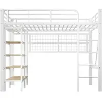OKWISH Hoogslaper 90x200cm – Met App Bedienbare Ledverlichting – Met Opbergvak En Hangnet – Met Kledingstang – Zonder matras – Wit