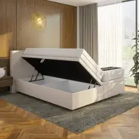 Mörgenn Opbergboxspring Havn met klep - Zonder Matras - Beige - 90x210 cm - Inclusief Dekbed en Kussens